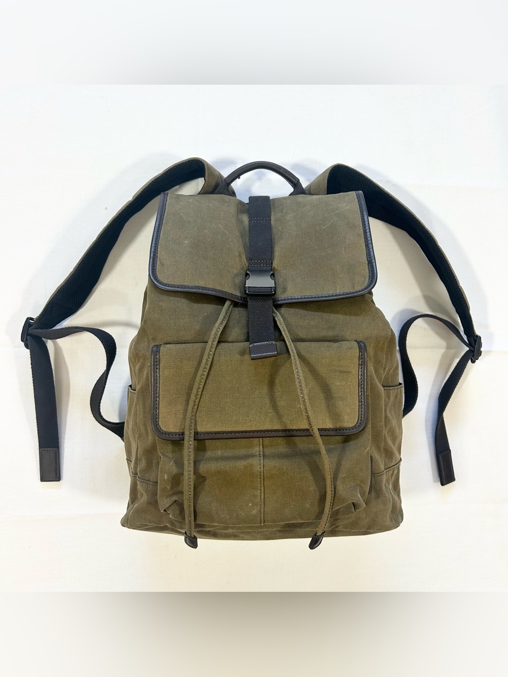 Fossil Buckner Canvas Olive/Khaki Brown Faux Leather Trim Rucksack Backpack Bag